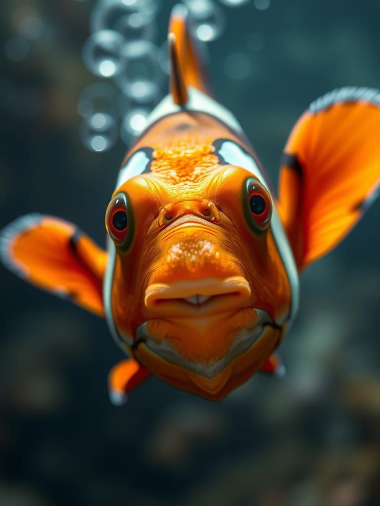 Clownfish Face Close-up Underwater with Bubbles