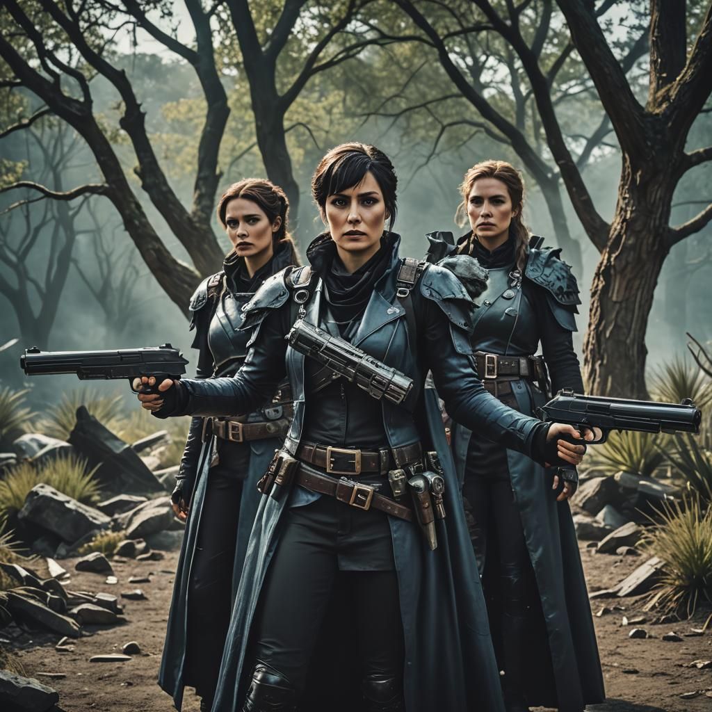 Sci-fi, The Morrigan, three war sisters, power pistols, Epic, Cinematic film still, shot on v-raptor XL, film grain, vig...