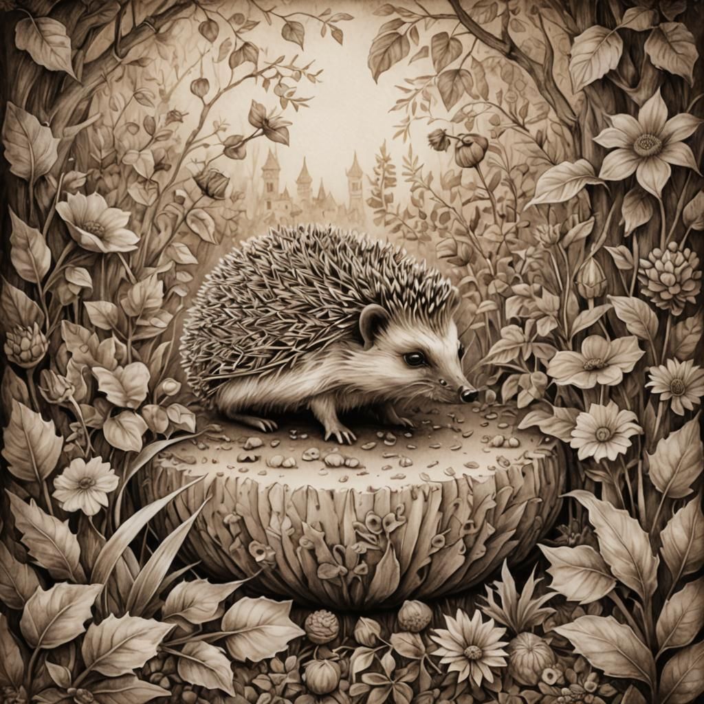 Hedgehog in Fantasy Garden: Sepia Pencil Sketch