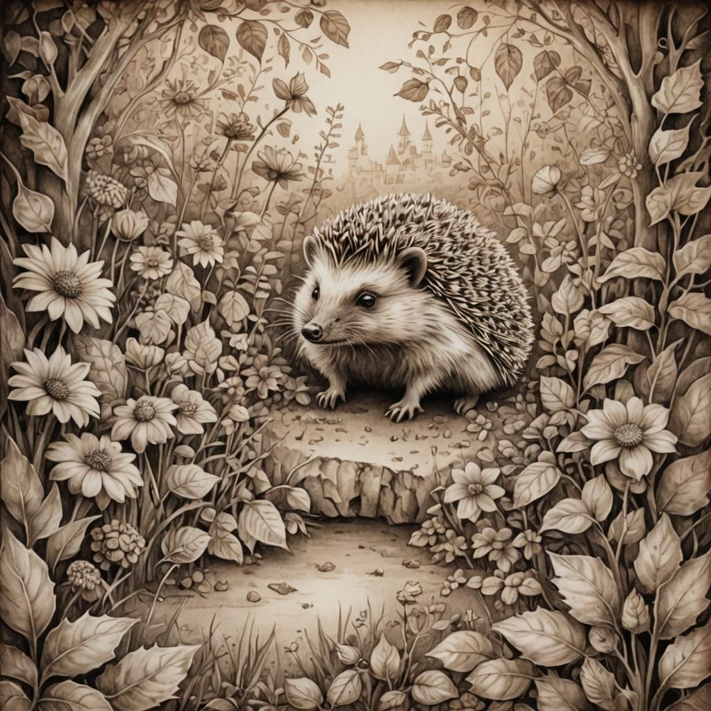 Hedgehog in Fantasy Garden: Sepia Pencil Sketch