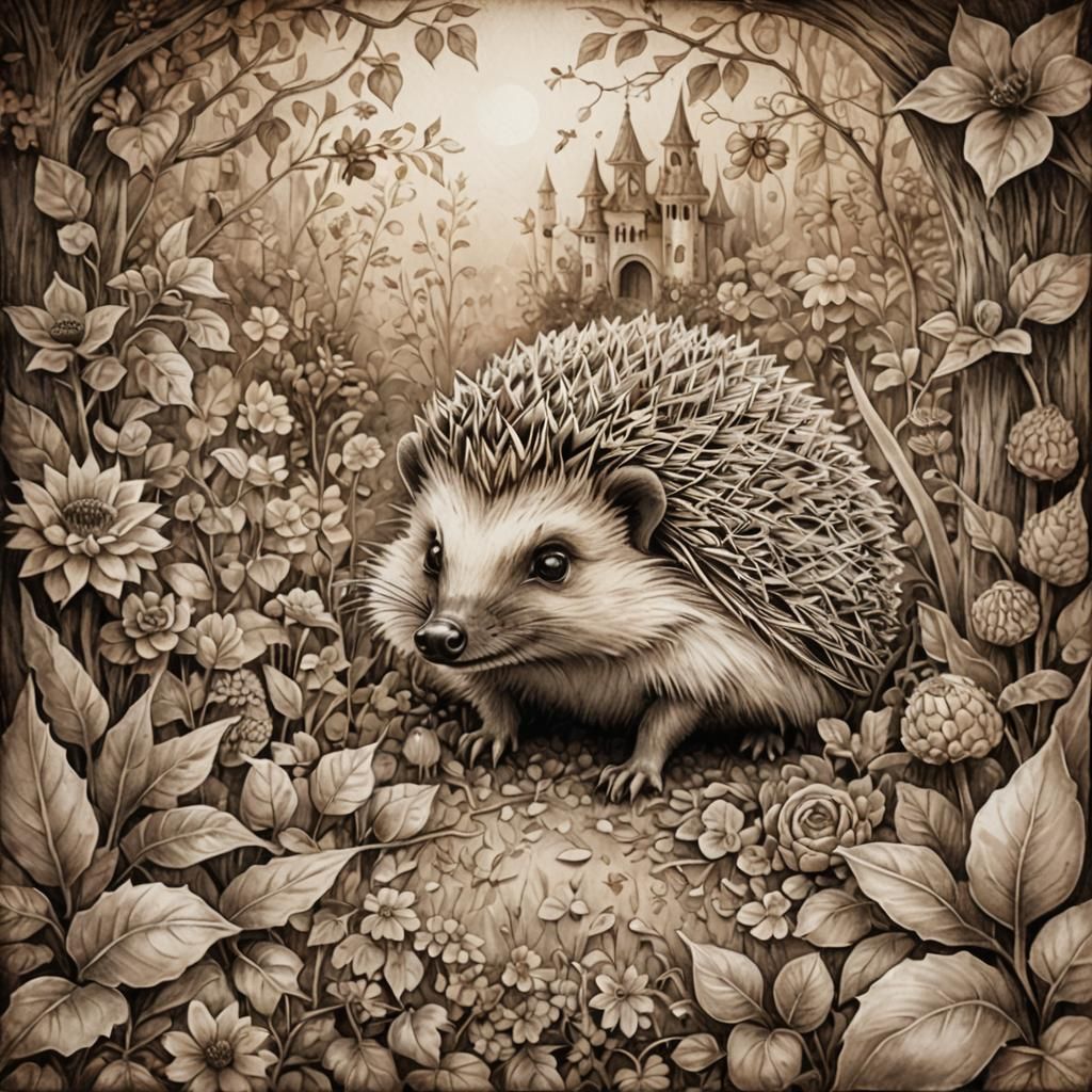 Hedgehog in Sepia Fantasy Garden Sketch
