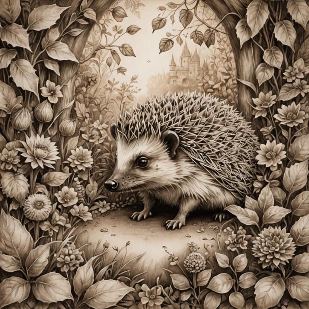 Hedgehog in Fantasy Garden: Sepia Pencil Sketch
