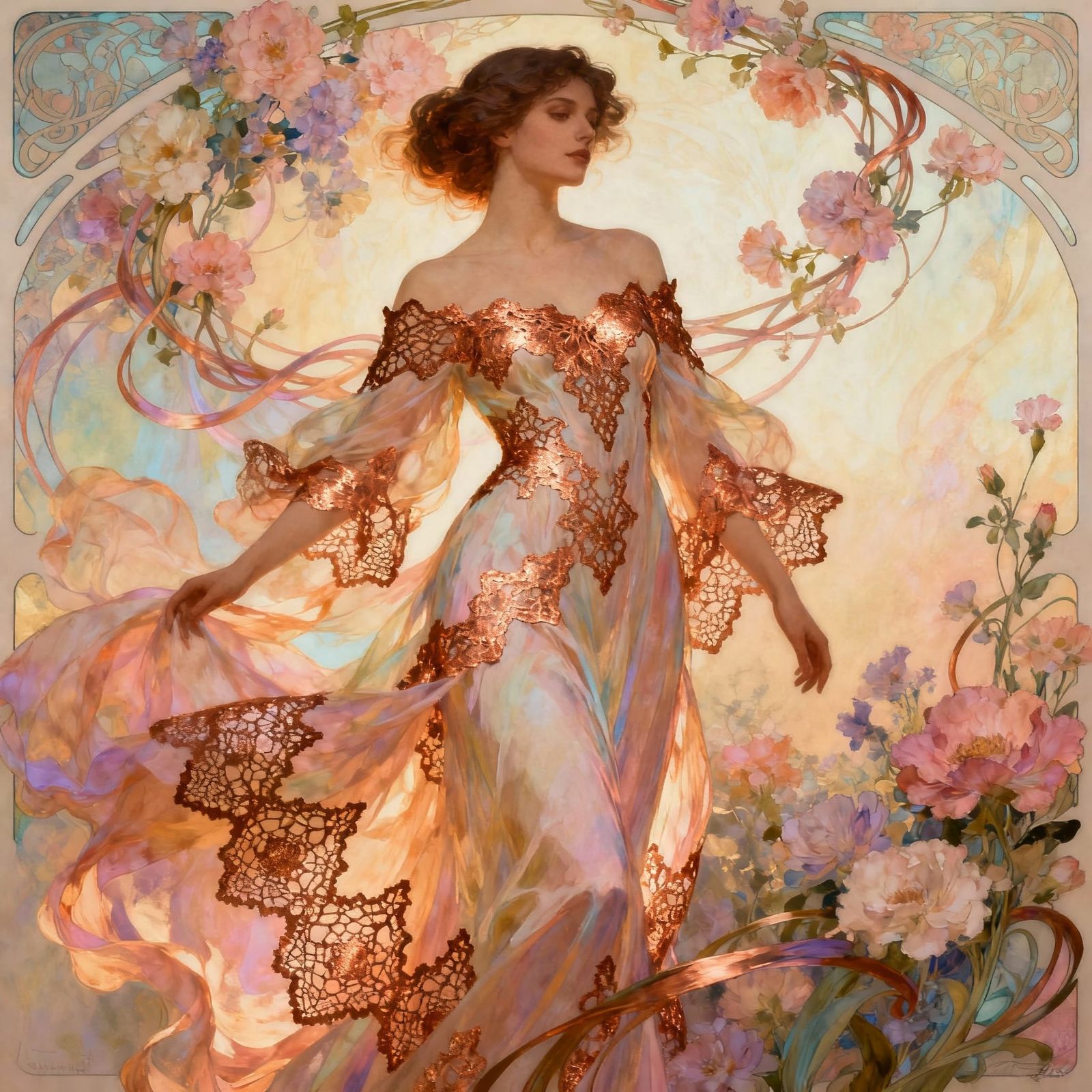 Elegant Woman in Flowing Gown with Lace Details