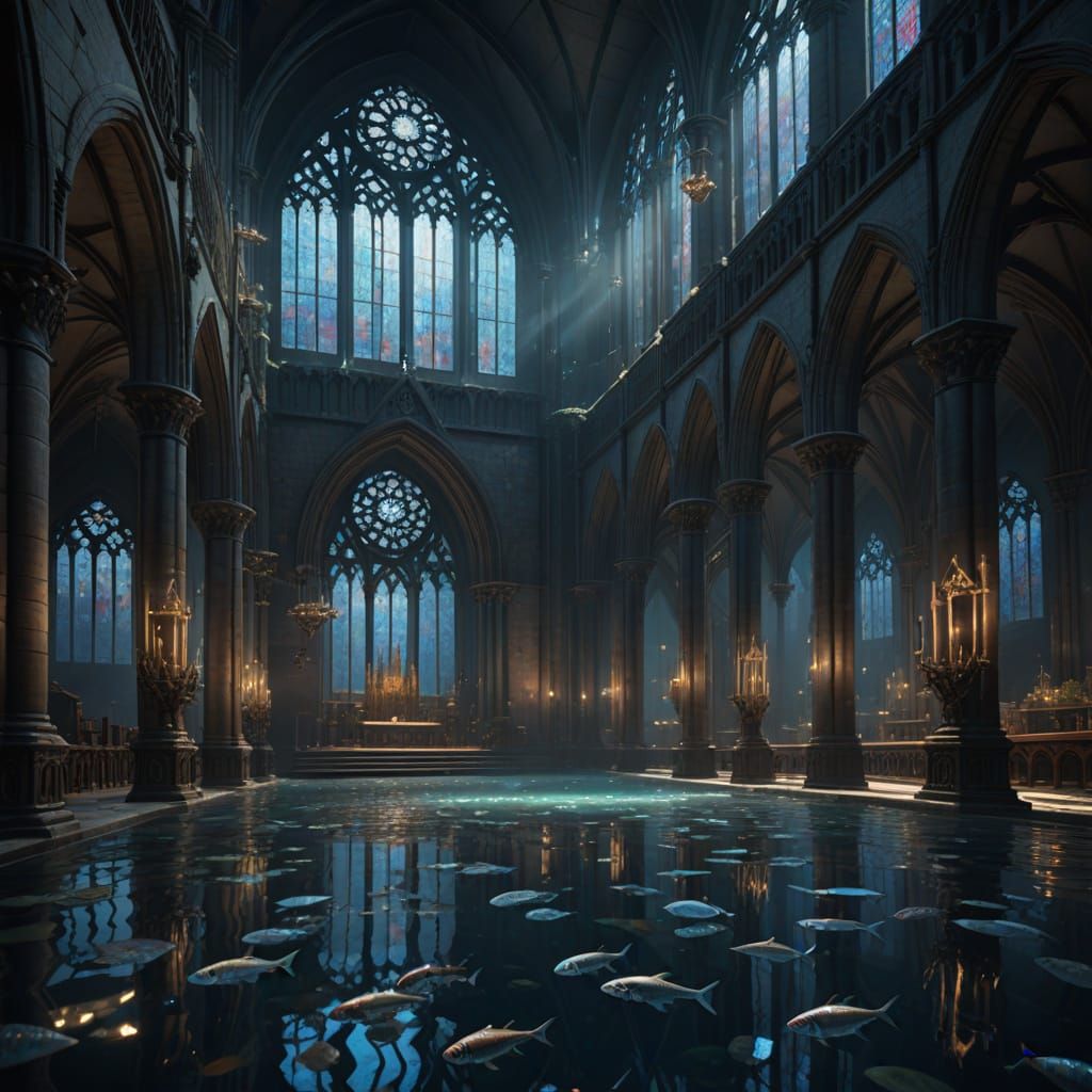 Flooded Gothic Cathedral with Sunlight and Exotic Fish