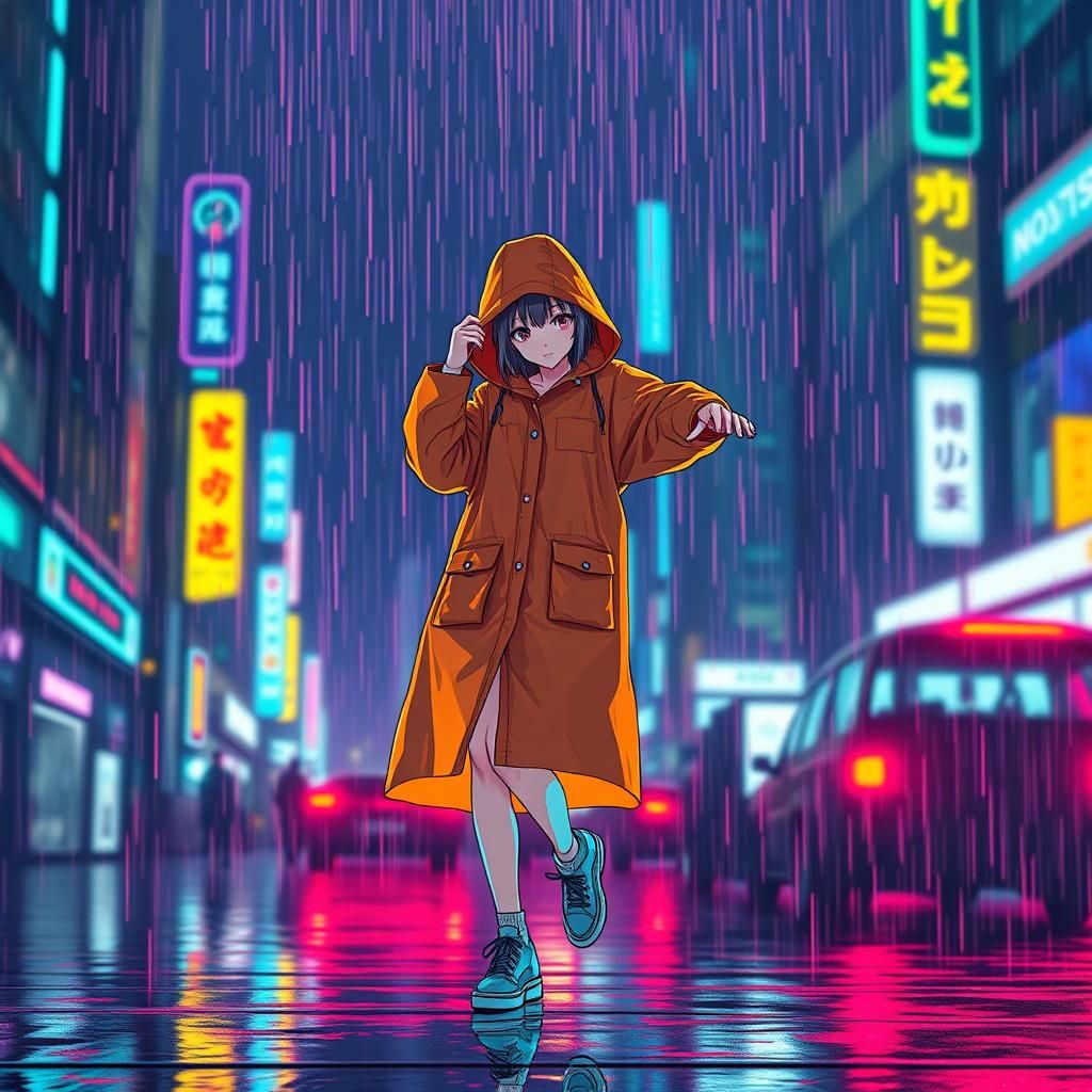 Anime Girl Dancing in Neon Cyberpunk Rain