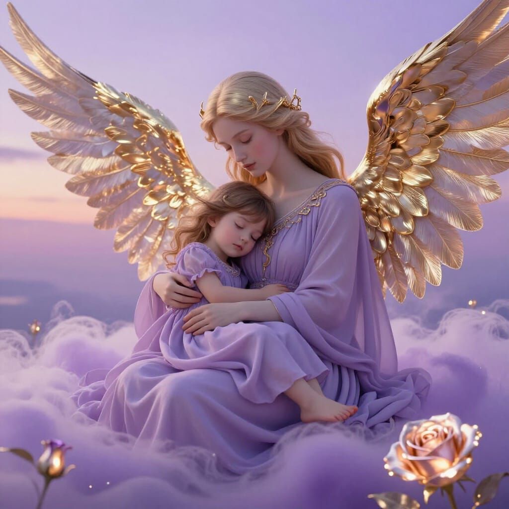 Angel Guardian Cradles Sleeping Girl in Violet Cloud