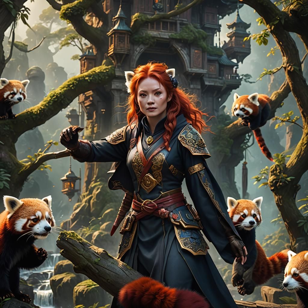 Redhead Woman and Red Panda in Detailed Digital Painting
