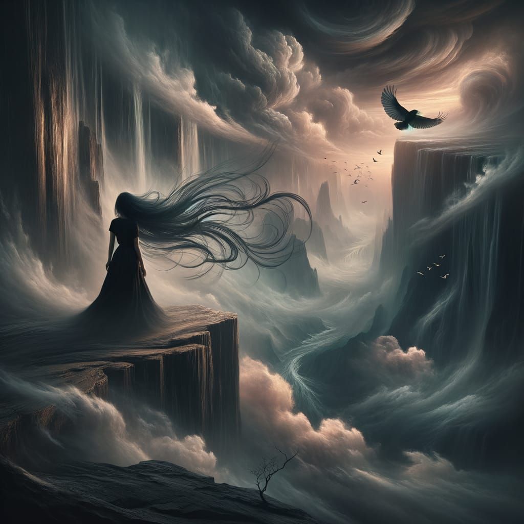 Surreal Asian Woman Stands on Cliff's Edge, Surrounded by My...