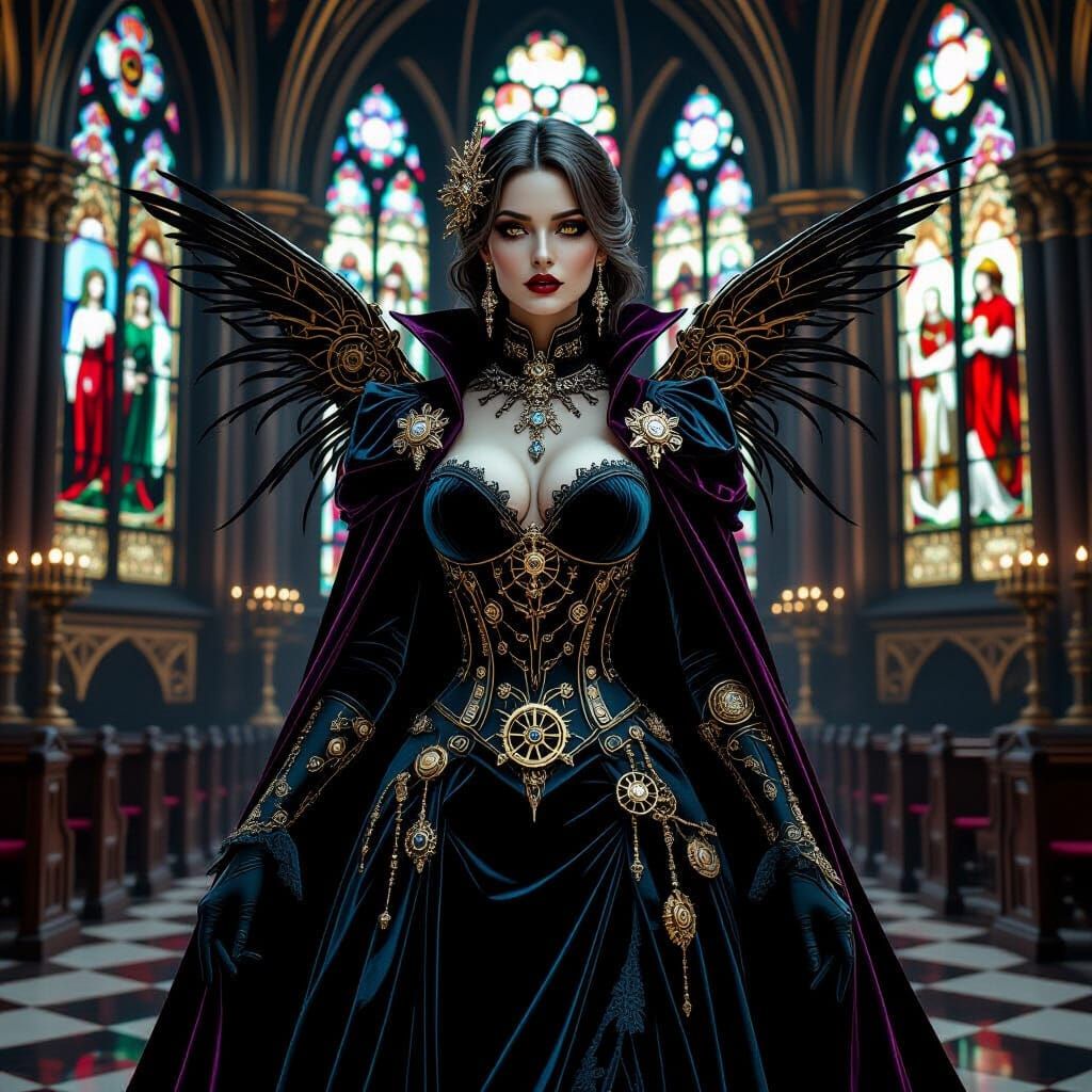 Steampunk Vampire Countess in Gothic Cathedral