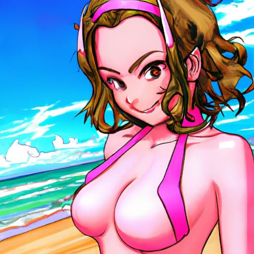 Anime-Style Bodybuilder on Beach by Japanese Illustrator