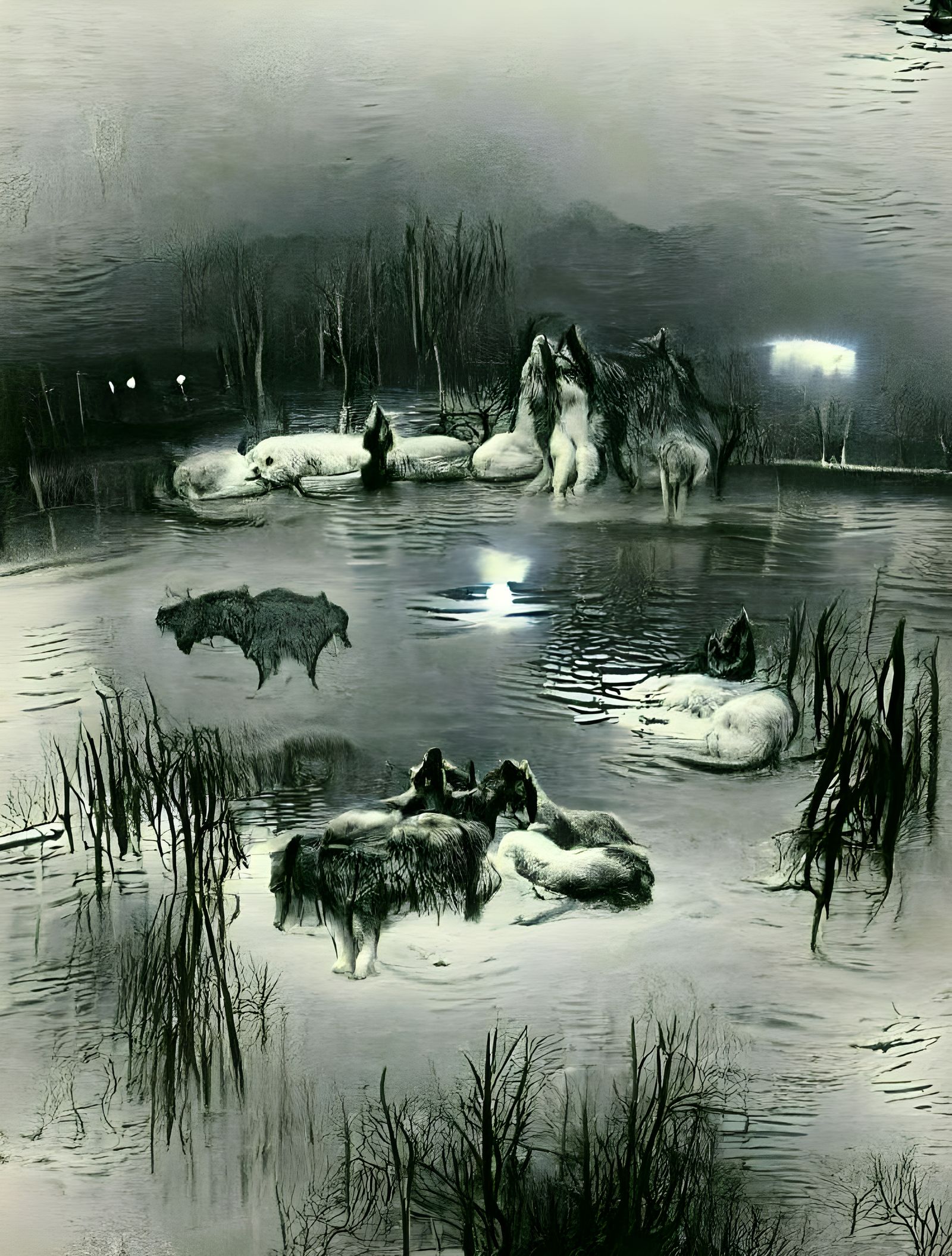 Wolves Singing Lonesome Songs by Pond at Night