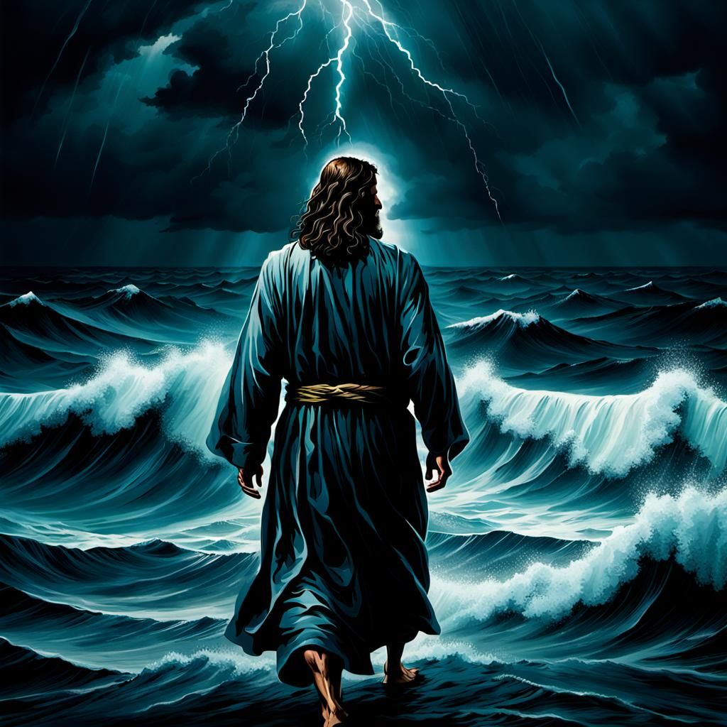 Jesus Walks on Stormy Sea in the Darkness