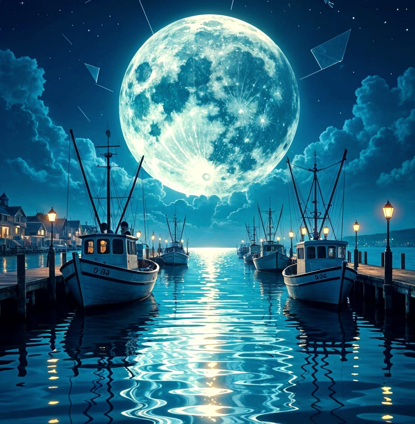 Surreal Moonlit Harbor with Shattered Water in a Masterful P...