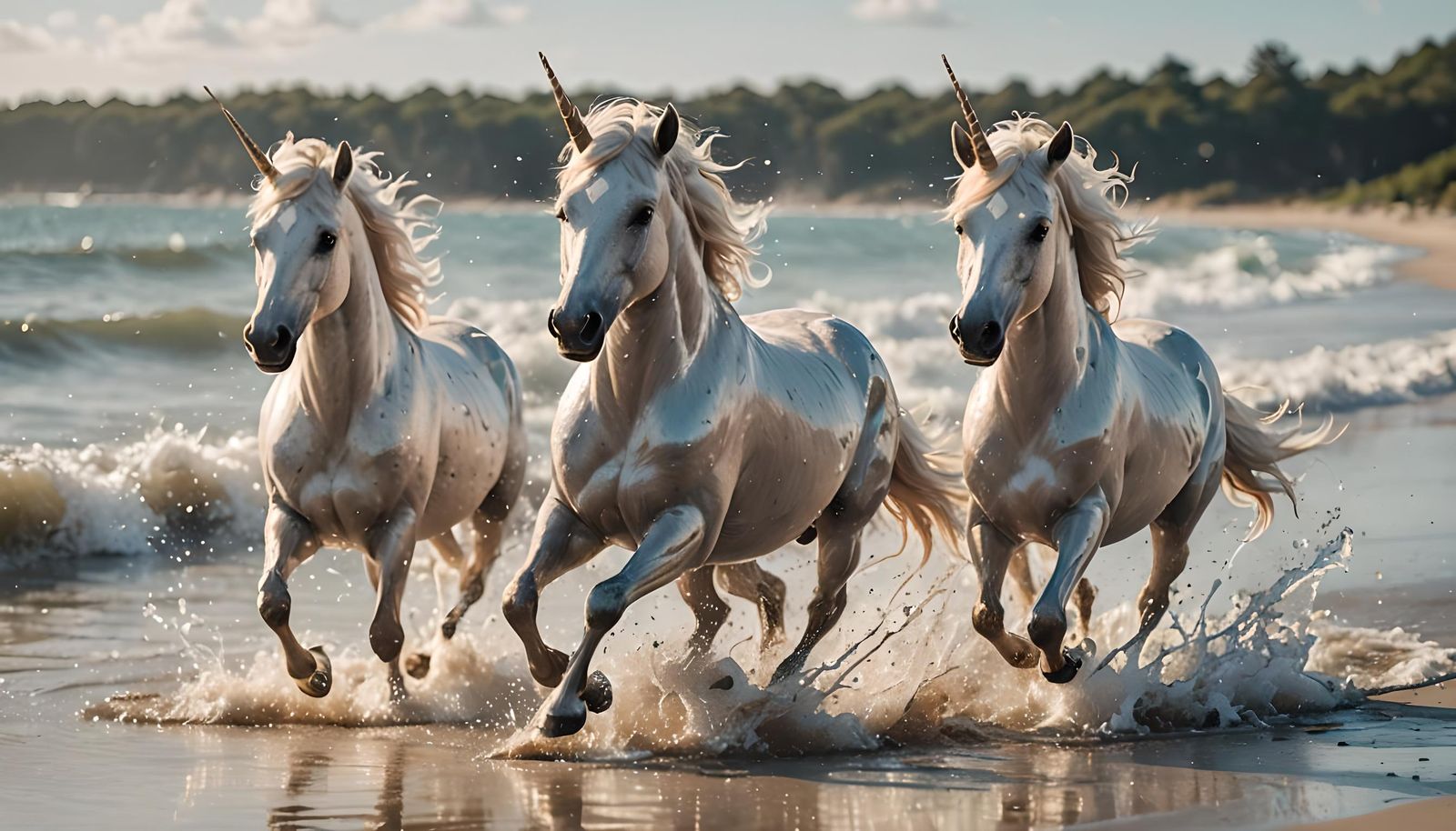 3 Unicorns together running on a beach, splashing through the water as the tide comes in. Professional photography, boke...