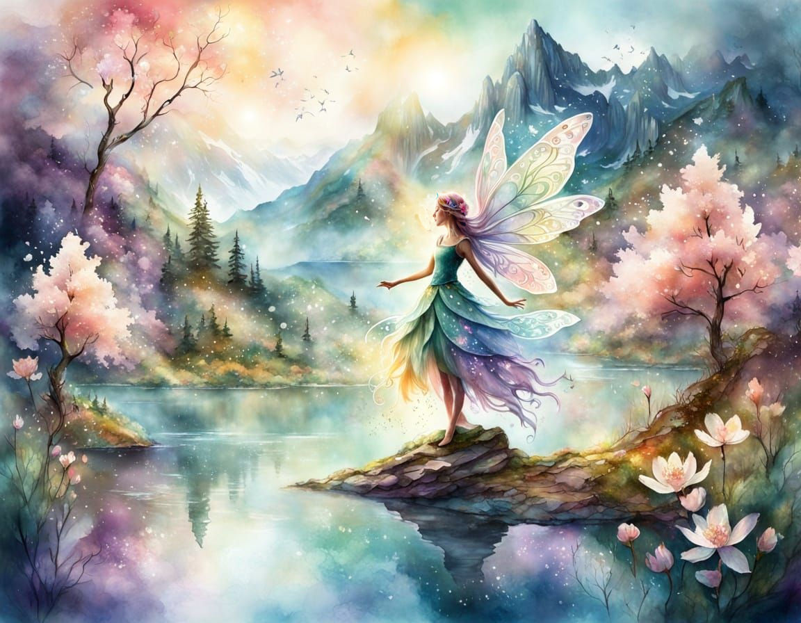 Fairy in Dreamscape: Watercolor Splash Art