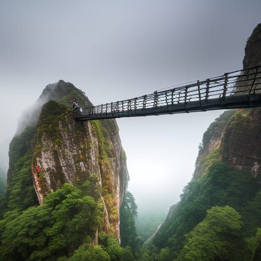 Perilous Rope Bridge Between Rocky Peaks: Fantasy Concept Ar...