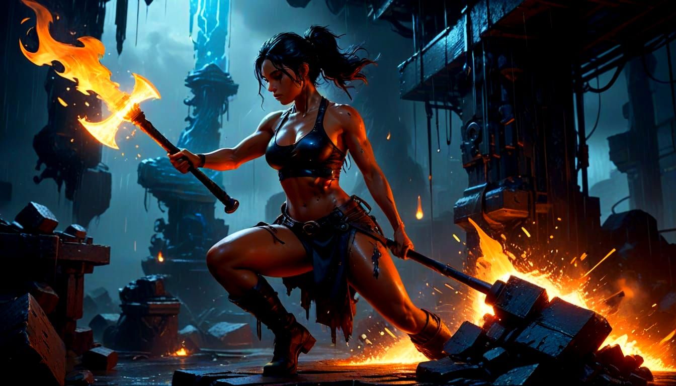 Glitching Forge in a Storm: Latina Blacksmith Woman in Cyber...