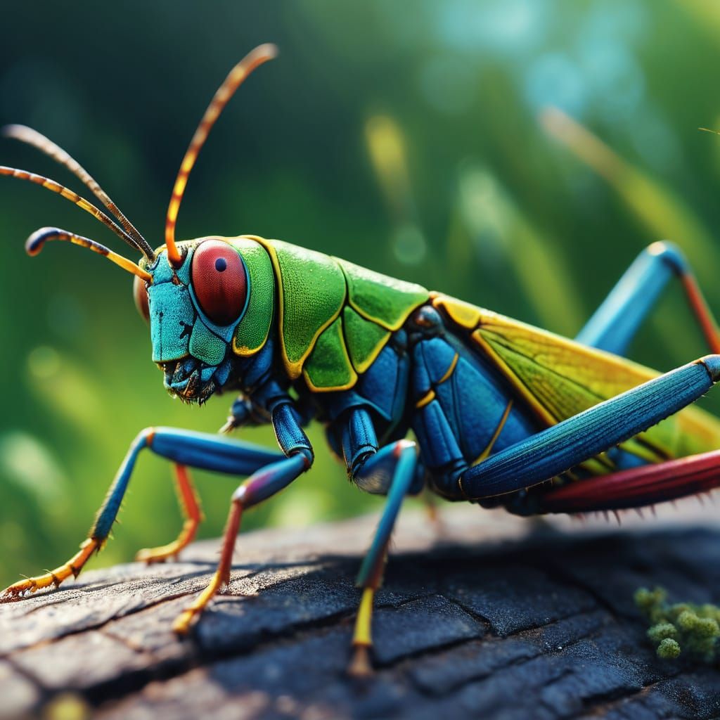 Rainbow Grasshopper Macro Photograph in Natural Lighting