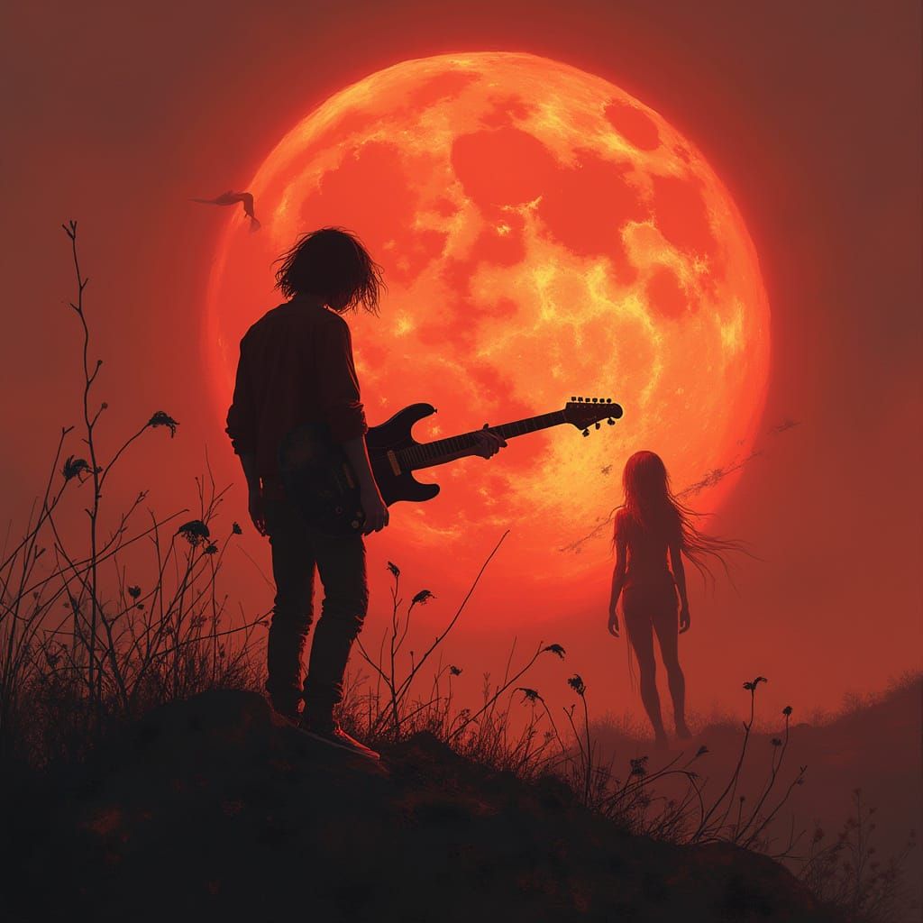 Fantasy Landscape with Silhouetted Musician and Ethereal Son...