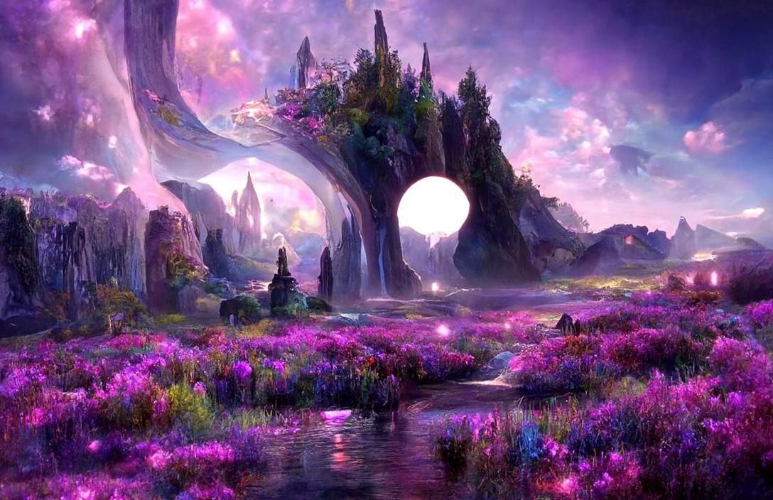 Iridescent Alien Landscape with Purple Moons