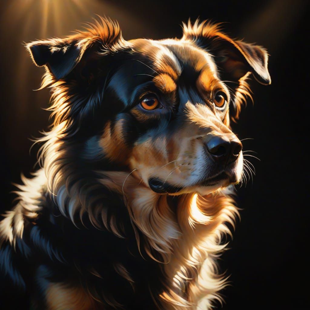 Dog in Spotlight: Baroque Chiaroscuro Oil Painting