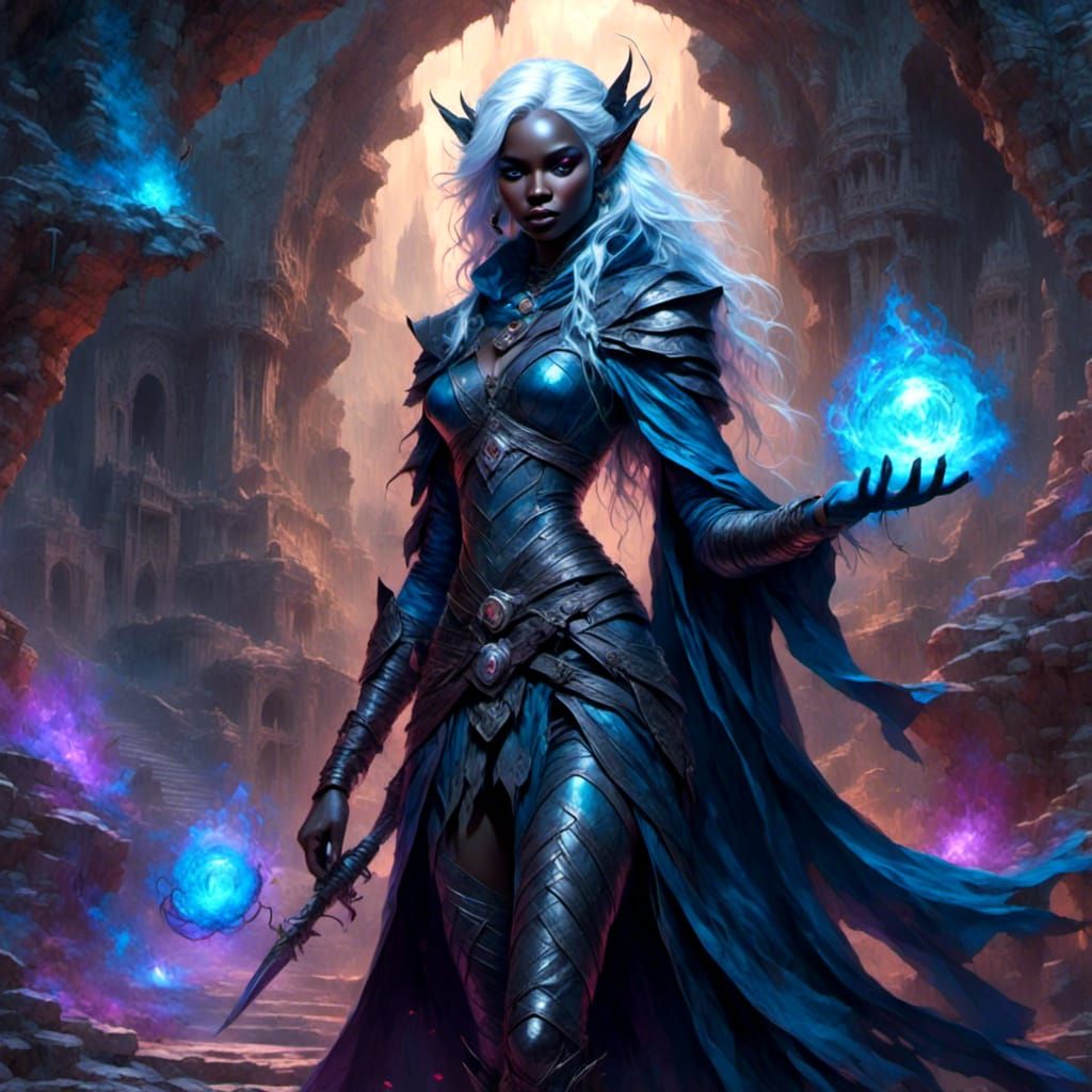 Drow Mage Casting Spell in Underground Cavern