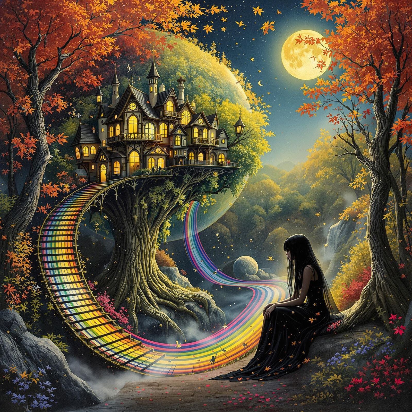 Whimsical Autumnal City with Fairy Godmother, Surreal Digita...