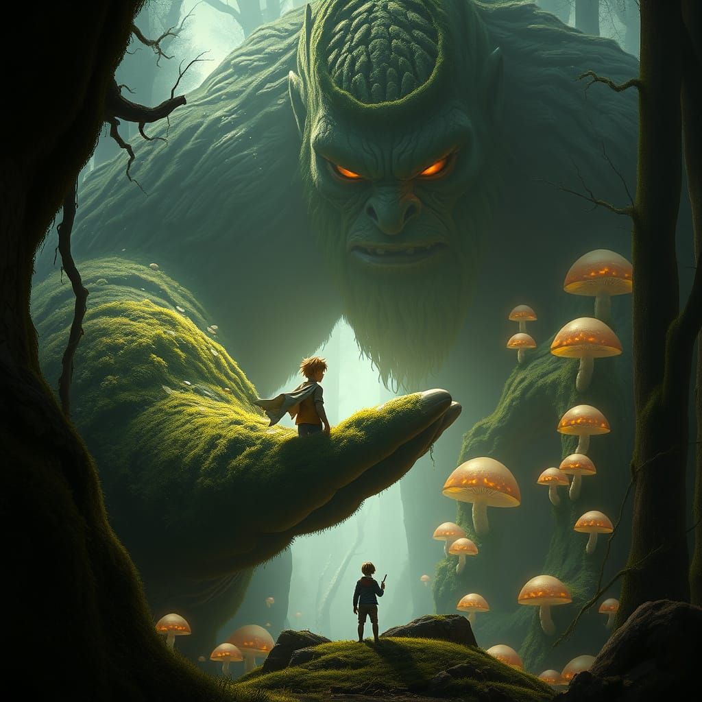 Moss Giant Guides Child Through Enchanted Forest