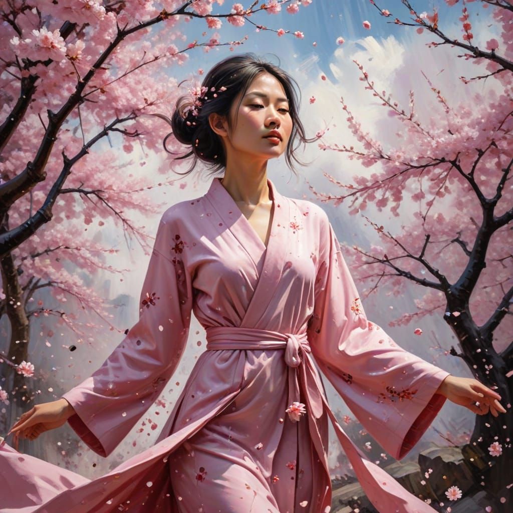 Elegant Woman in Cherry Blossoms Abstract Oil Painting