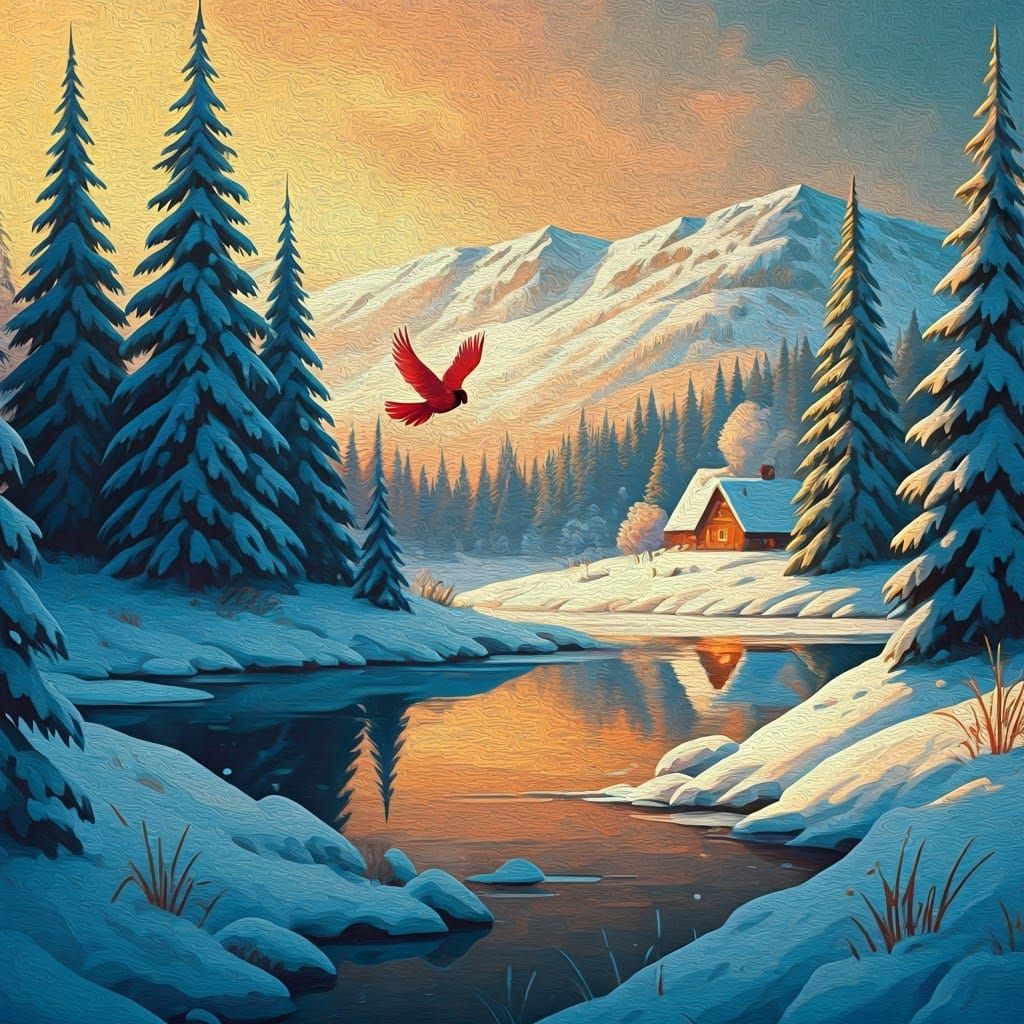 Redbird in Winter Landscape Gouache Painting
