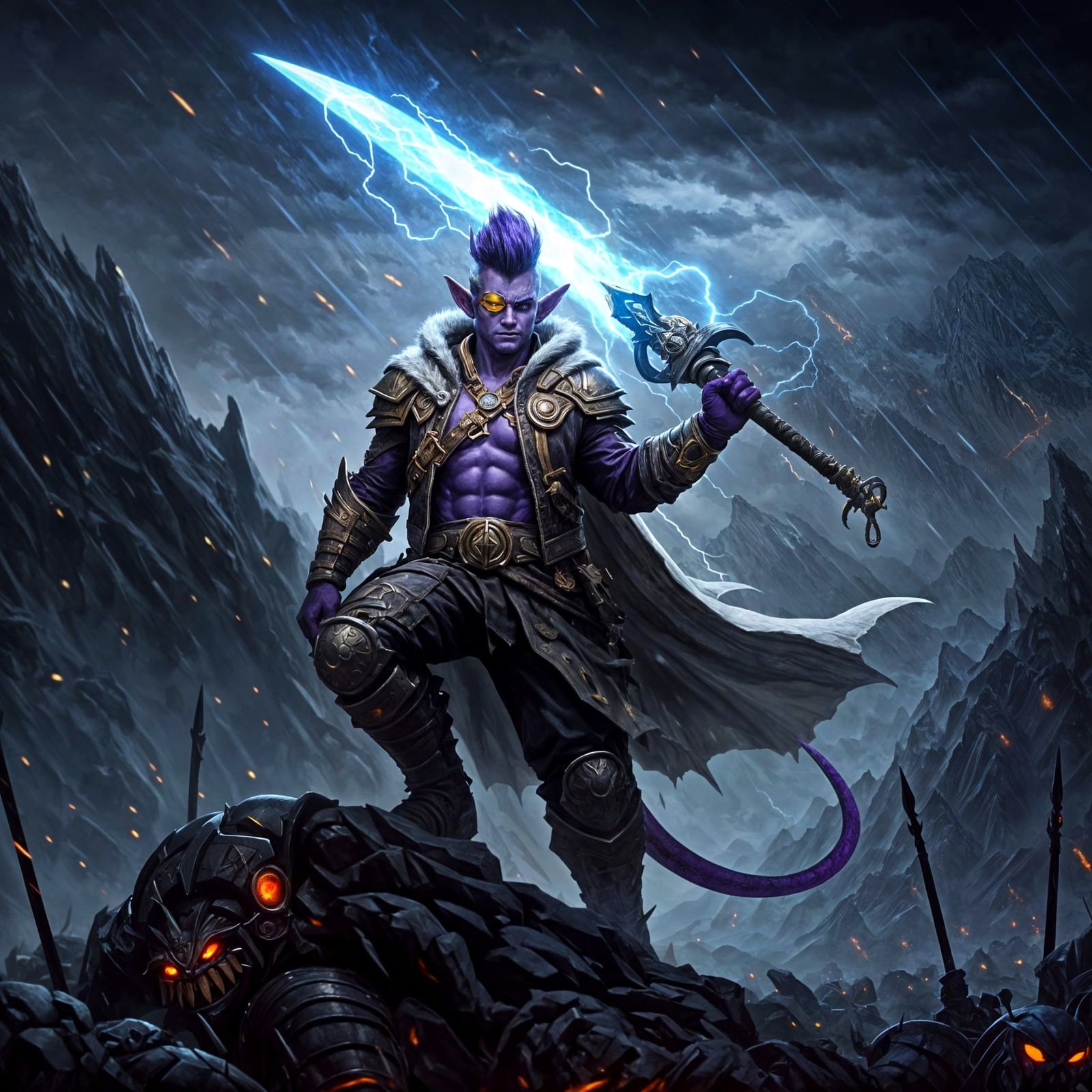 Muscular Tiefling Monster Hunter Stands Triumphant in Stormy...