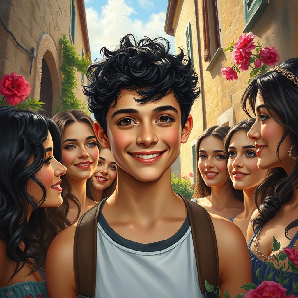 Italian Boy Surrounded by Adoring Girls: Impressionistic Sty...