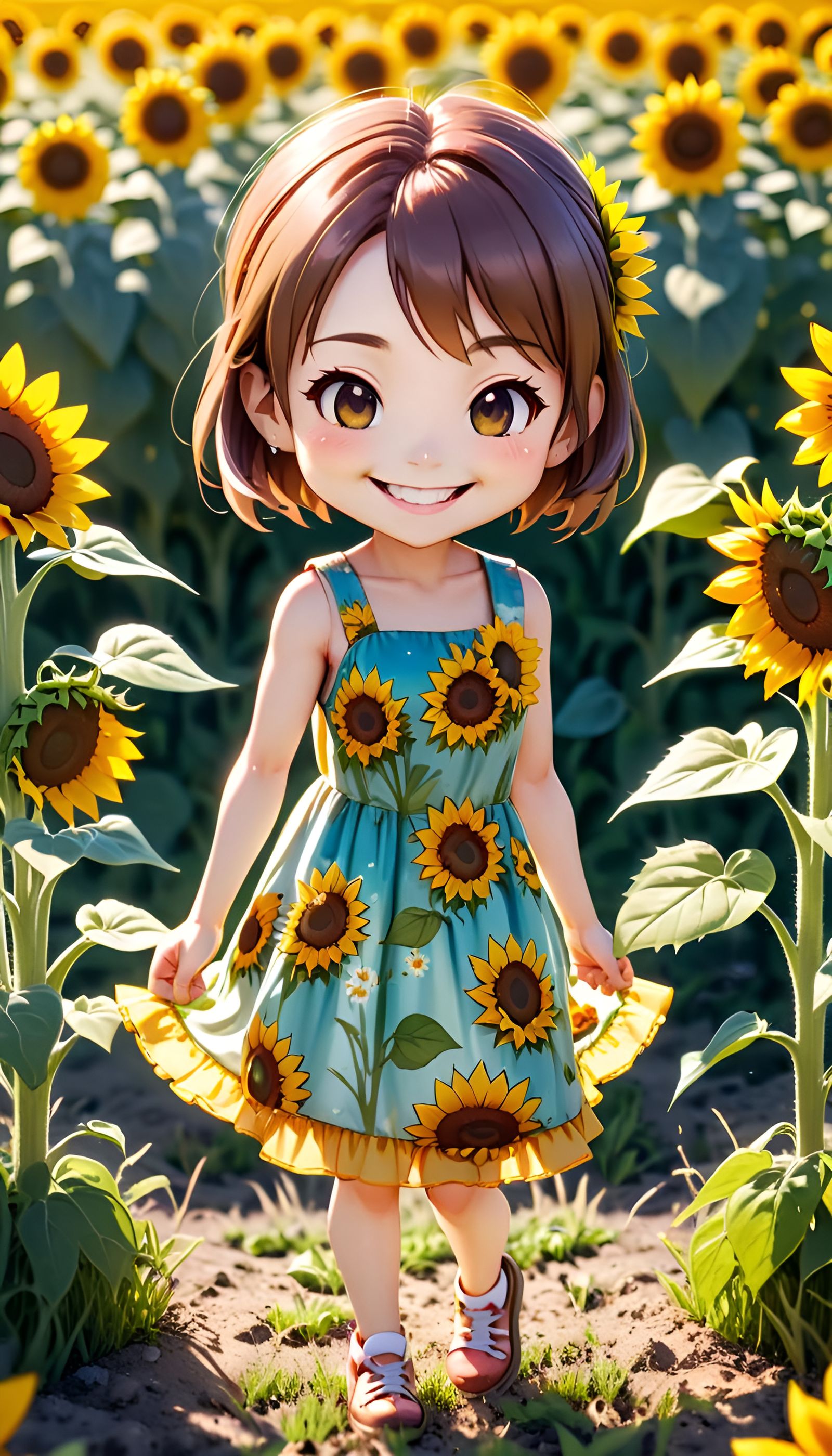 Cute Chibi Girl with Sunflowers in Field
