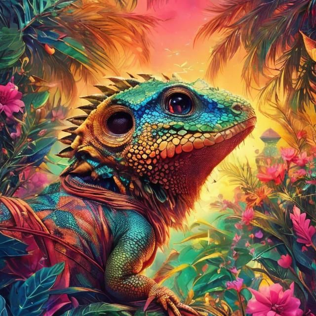 Colorful Jungle Lizard Portrait in Vaporwave Style