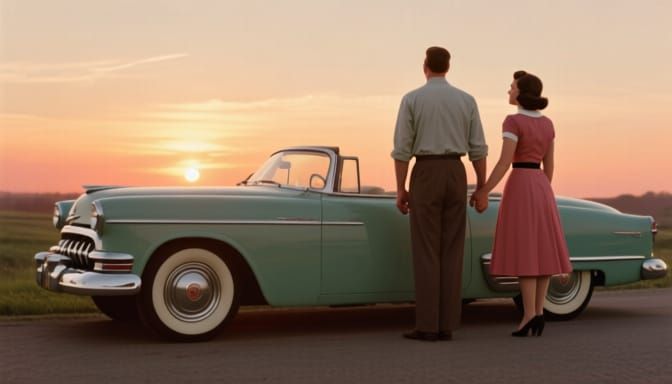 1950s Style Sunset Car Ad: Couple Watching Sunset