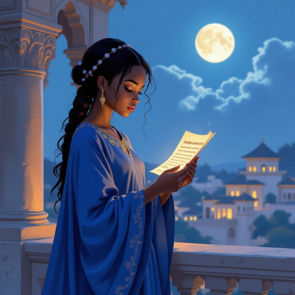 African Girl in Indigo Robe at Palace Tower