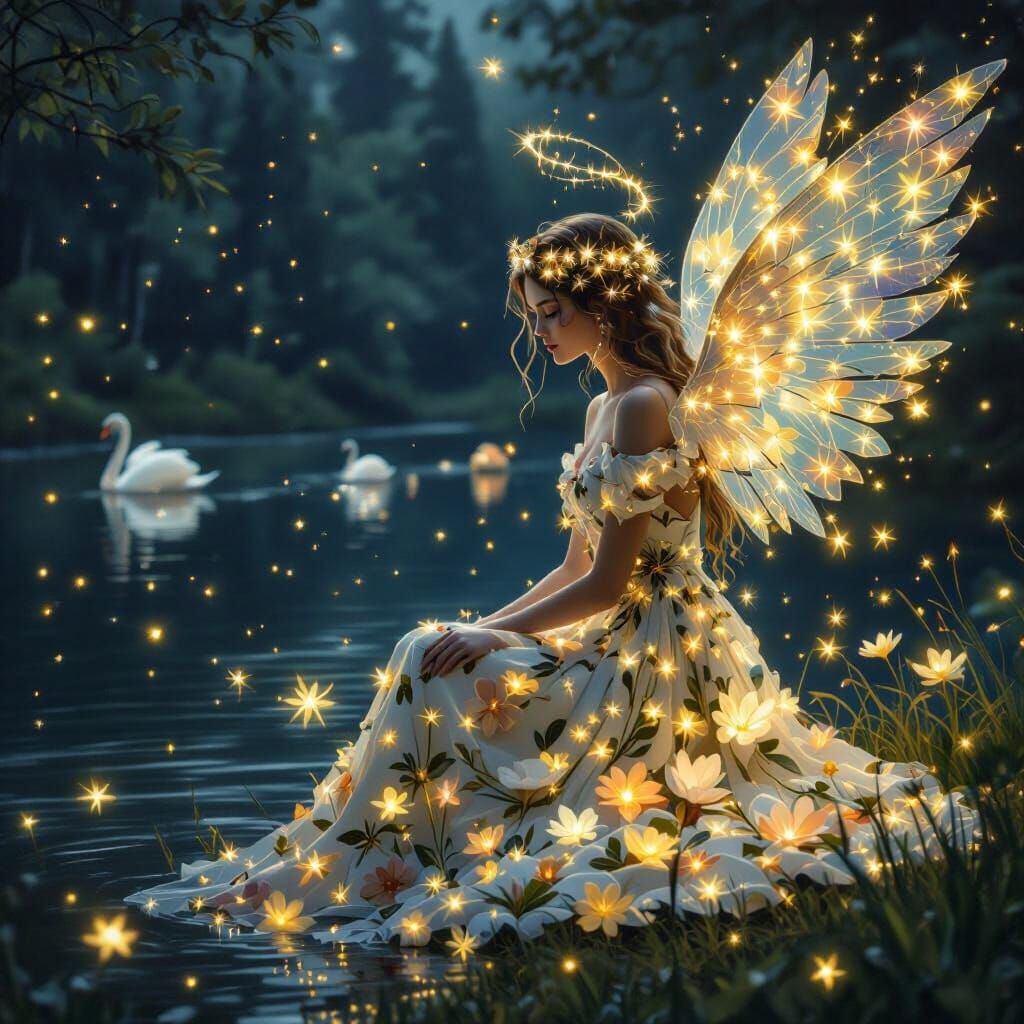Angel in Flower Dress by Illuminated Lake