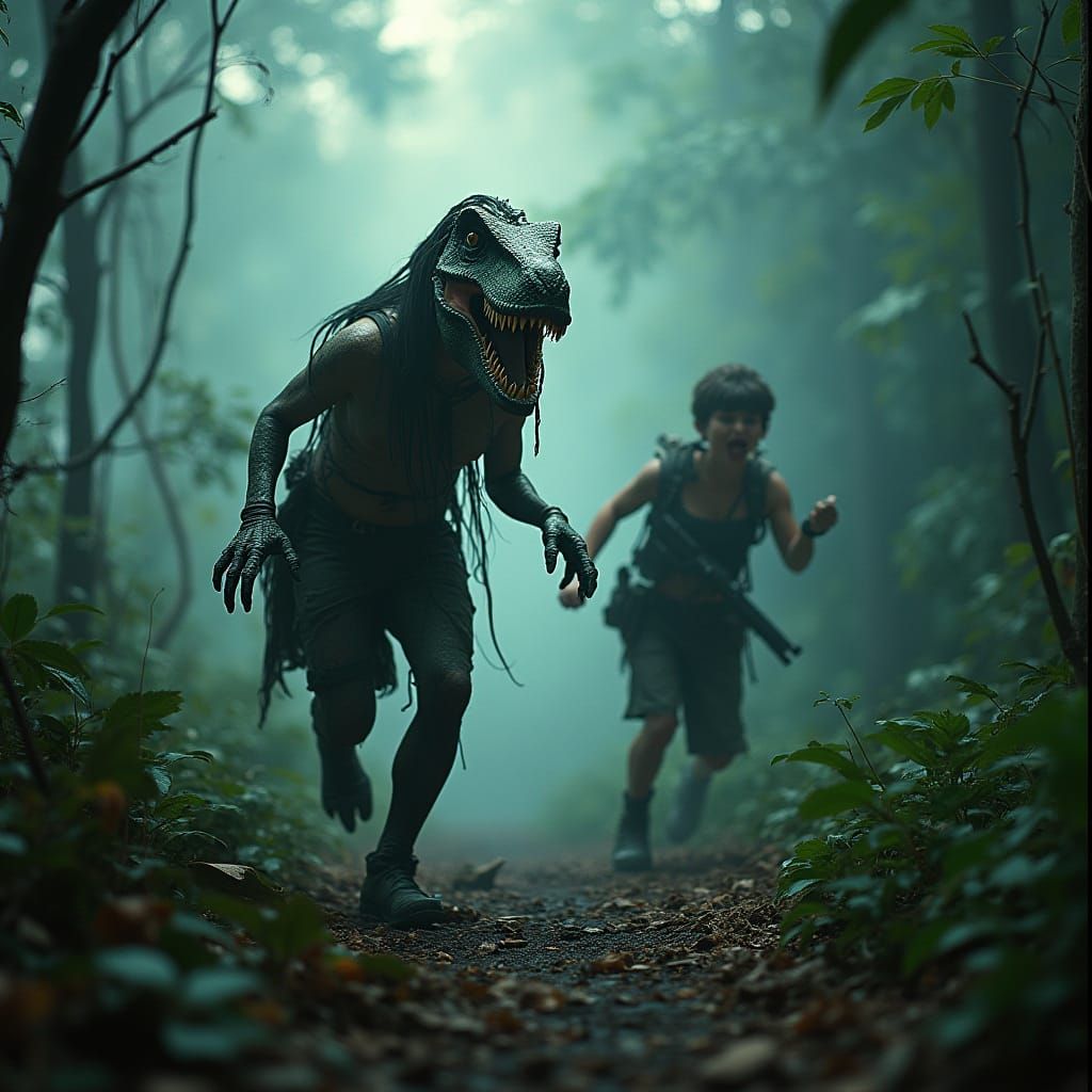 Human-T-Rex Hybrid Chase in Dystopian Jungle