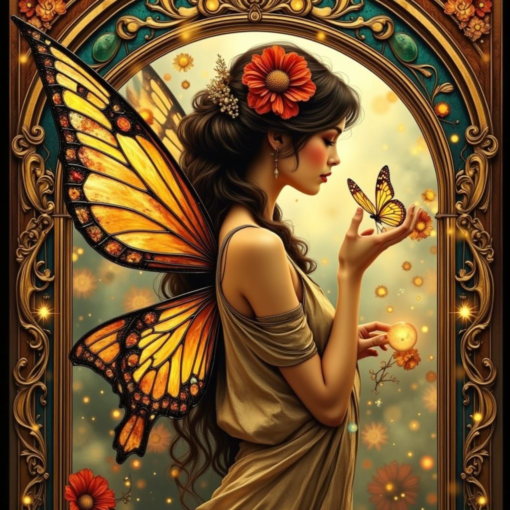 Elegant Fairy with Stained Glass Wings and Glowing Butterfly