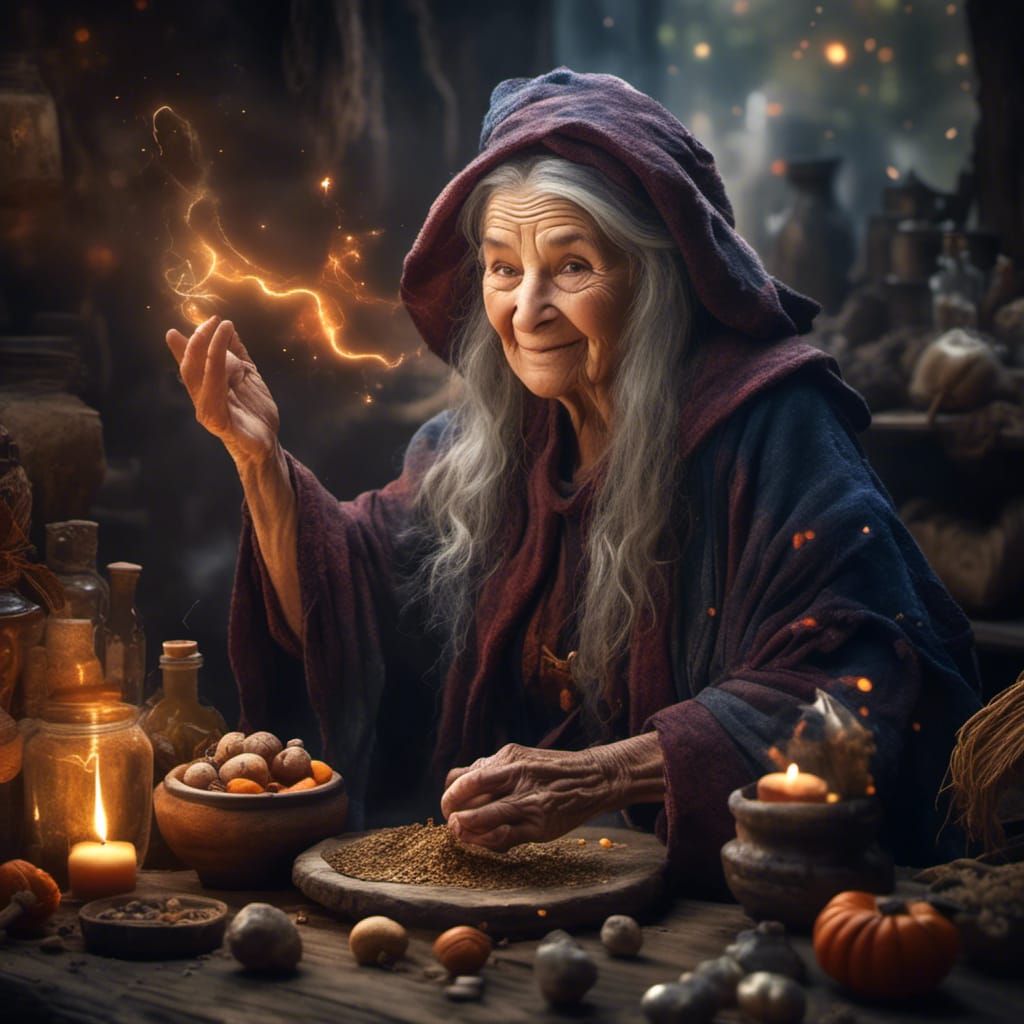 Kindly Old Wizard Hovering Over Spell Ingredients