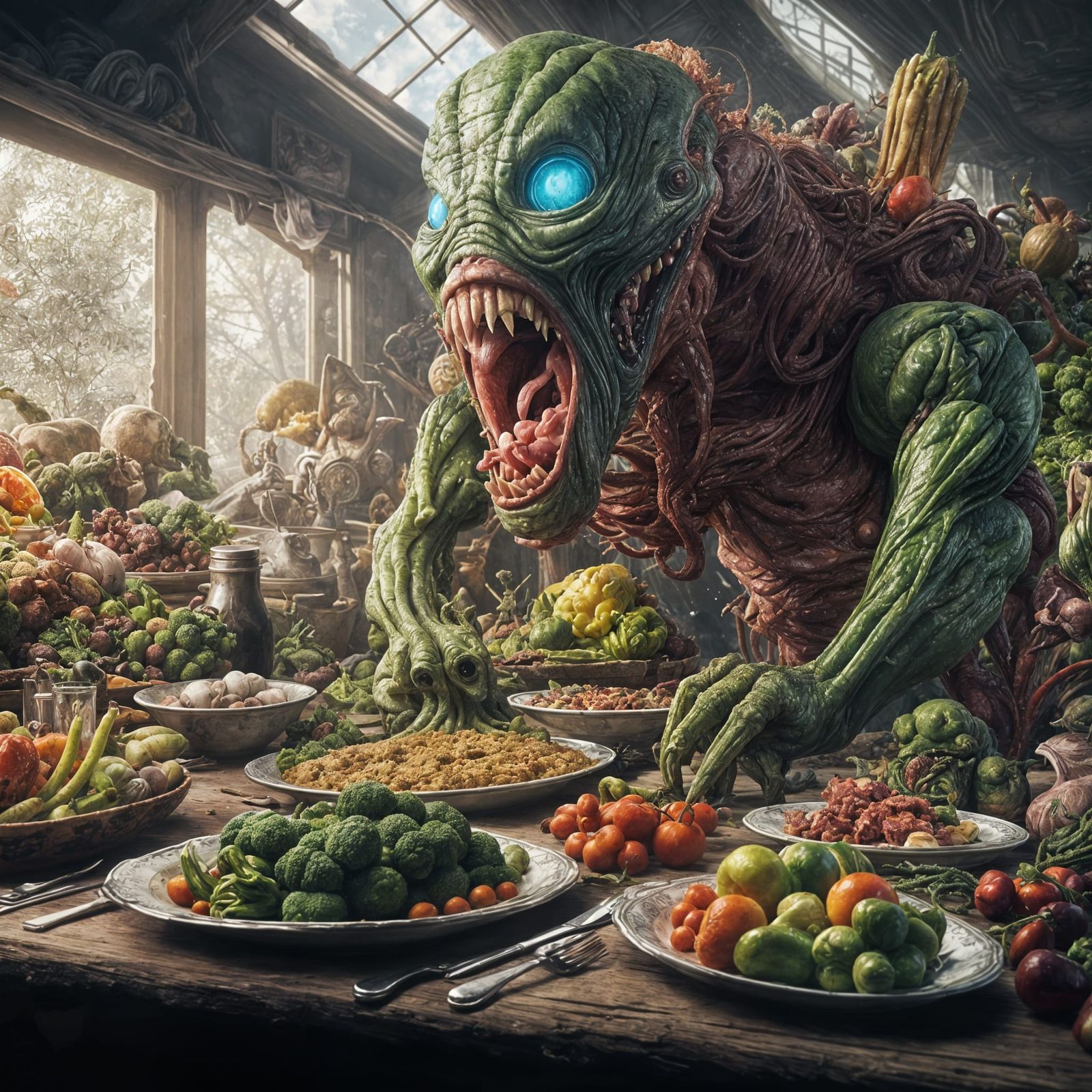 Bizarre Alien Feast: Grotesque Vegetables and Creatures