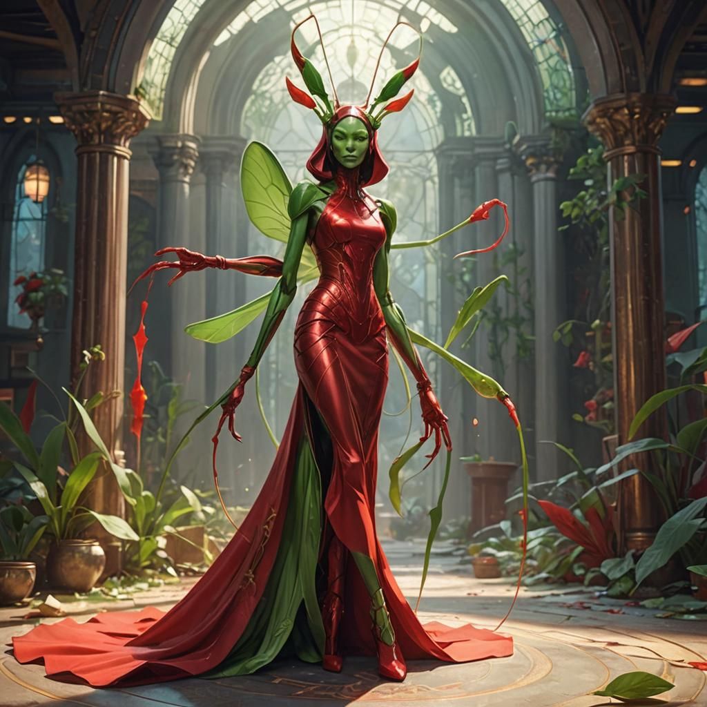 Praying Mantis Woman Portrait in Art Nouveau Style
