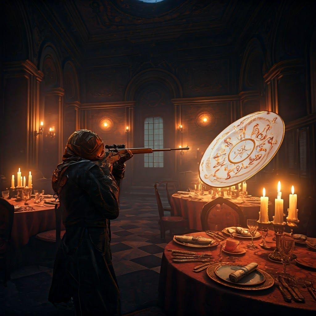 Surreal Restaurant Rifle Target Practice in Ethereal Mist