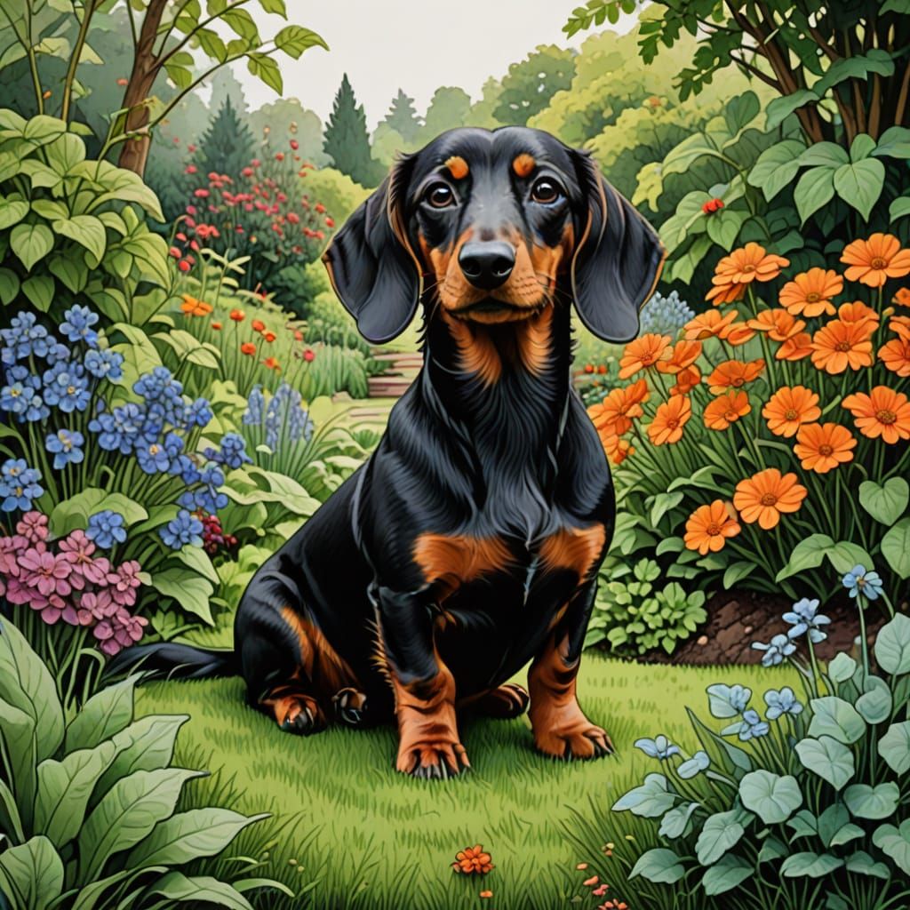 Elegant Dachshund in Serene Garden Scene