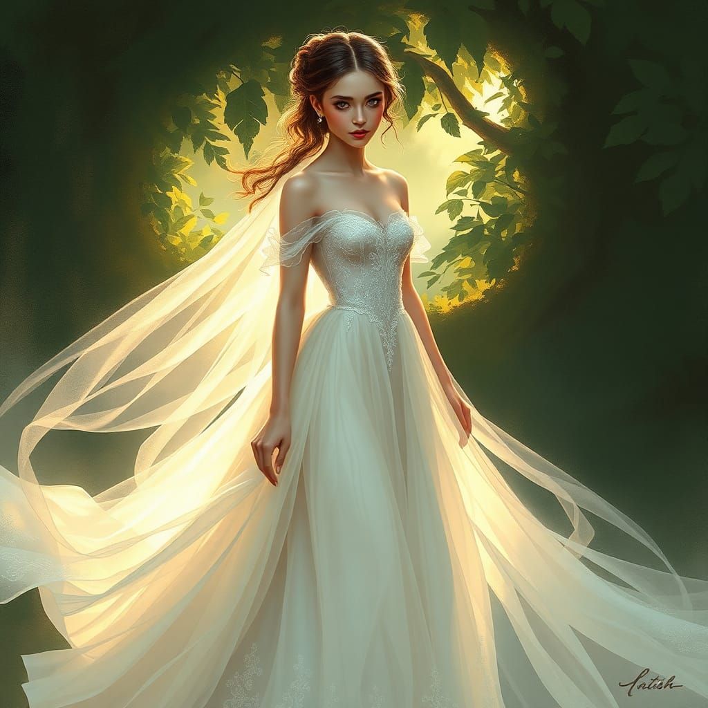 Ethereal Woman in Gown, Dreamy Art Style