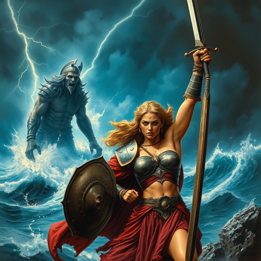 Warrior Woman Confronts Cyclops in Stormy Seas