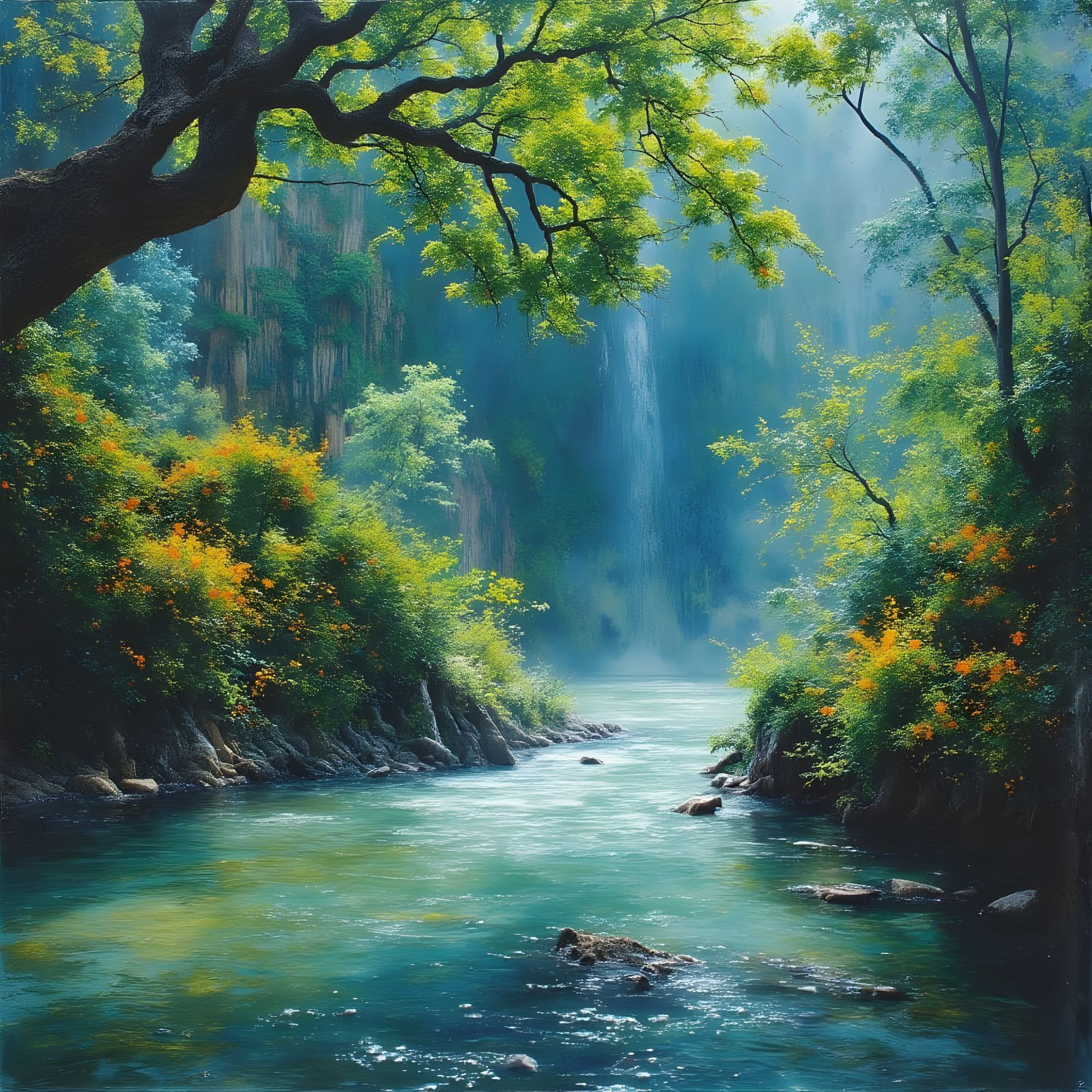 River Scene in Dreamy, Romanticized Oil Paint Style