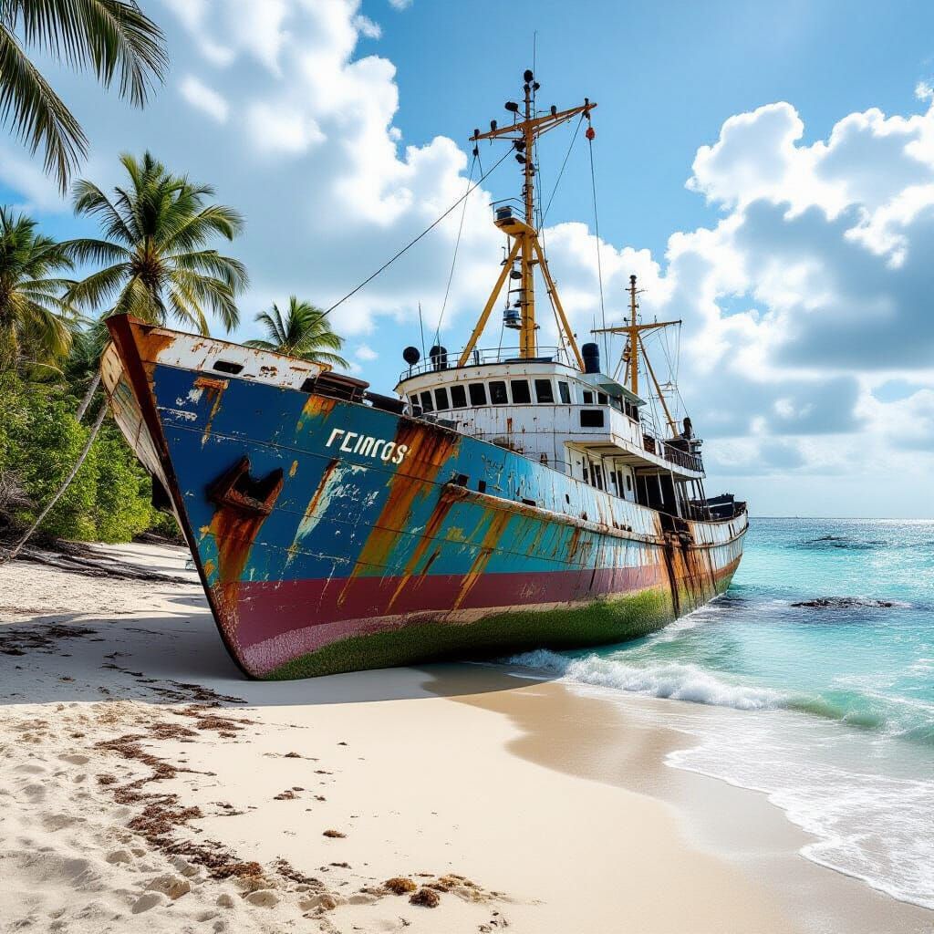 Wreckage of Ship on Tropical Beach in Natural Lighting