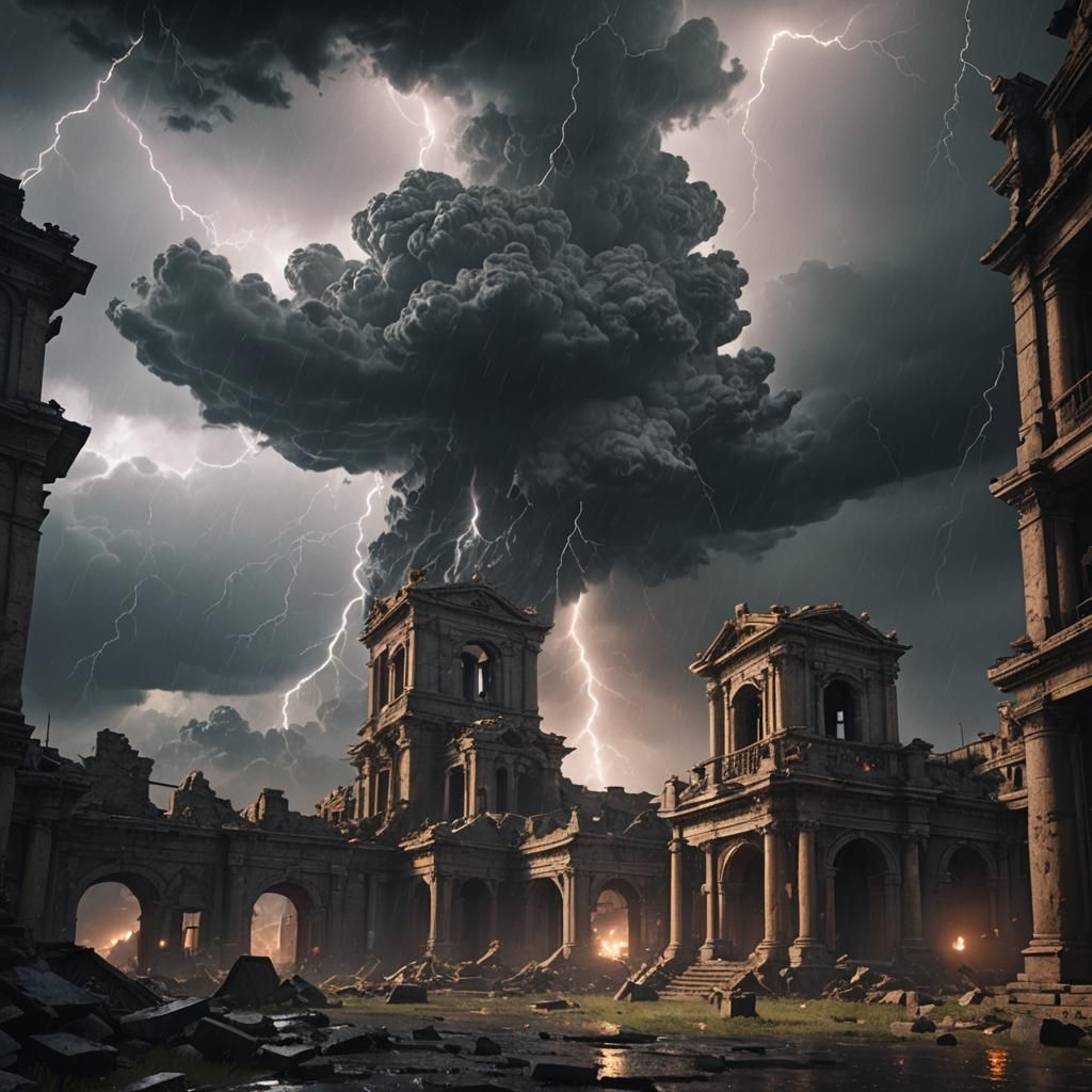 Ruined City Under Thunderstorm in Cinematic 3D