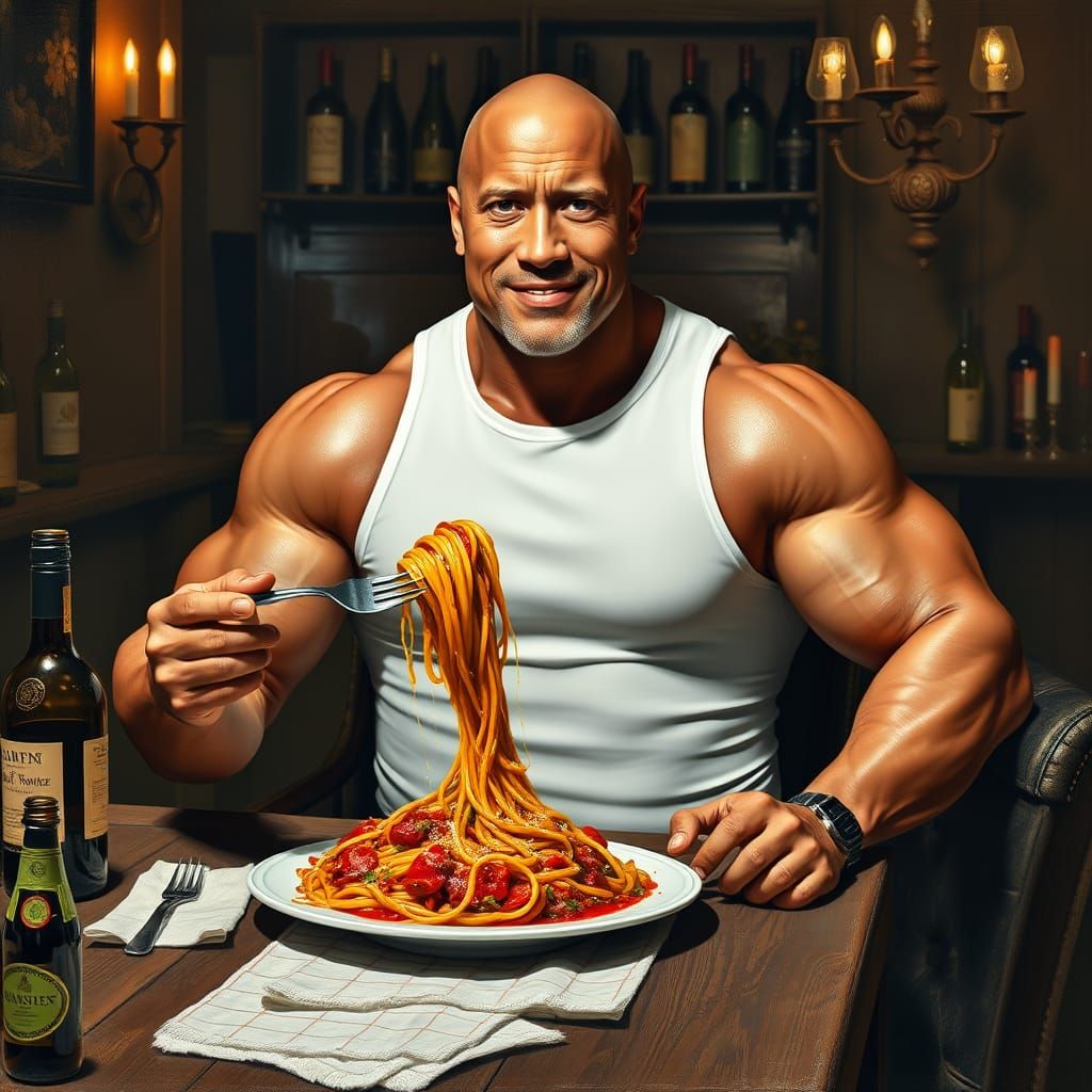 The Rock's Italian Feast in a Vibrant Modernist Oil Painting
